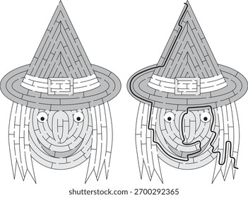Witch maze for kids with a solution in black and white