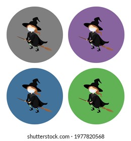 Witch in medical mask flying on broom. Icon set. Vector illustration.