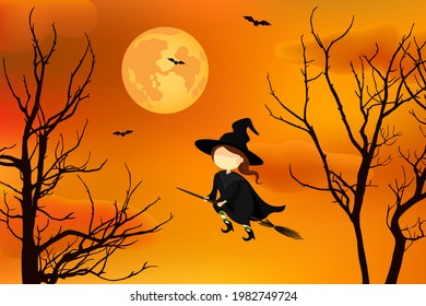 Witch in medical mask flying on broomstick. Vector illustration.