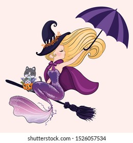 witch mermaid with cute cat vector illustration for halloween