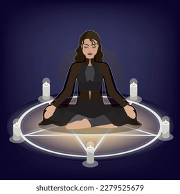 a witch metitating in the middle of the black magic circle