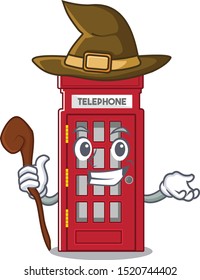 Witch miniature telephone booth above cartoon table