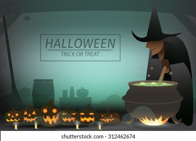 Witch mixing potion in a boiling cauldron at her hut on Halloween day. background for festival graphic design.