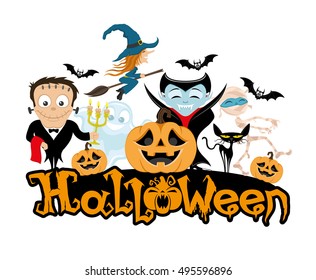 Witch, monster, mummy, ghost, vampire, bats, pumpkin and black cat.