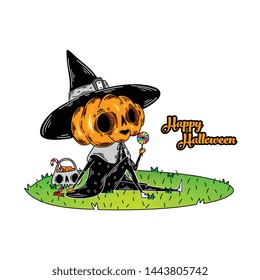 Witch Monster Pumpkin Halloween. For greeting card halloween