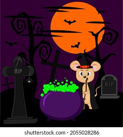 A witch mouse brews a potion in a cauldron in a cemetery on a full moon
