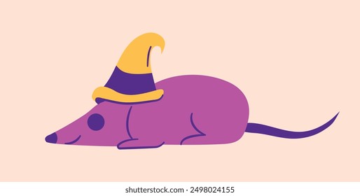 Ratón Brujo en Sombrero. Un roedor sonriente. Rata linda en traje. Personaje de cuento de hadas en atributo mágico. Transformación en animal. Dibujos animados de niños. Púrpura, colores amarillos. Aislado. Ilustración vectorial