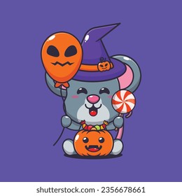 Witch mouse holding halloween balloon and candy. Cute halloween cartoon illustration. 