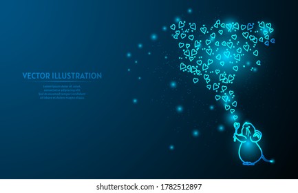 Witch Mouse Love on blue abstract background. Glowing  valentine background