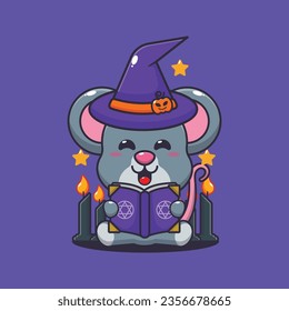 Witch mouse reading spell book. Cute halloween cartoon illustration.