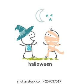 Witch with a mummy for Halloween illustration