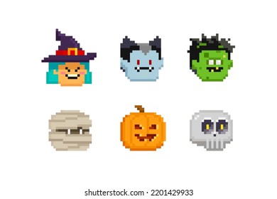 Bruja, momia, vampiro, cráneo y zombi en el estilo de juego de arte píxel. Cabeza de bruja de Pixel. Calavera de 8 bits y cabeza de calabaza. Estilo de juego retro Feliz colección vectorial de halloween. Caracteres divertidos de Halloween