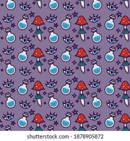 Witch mushrooms, magical eyes and potions vector seamless pattern. Amanita and stars magical print