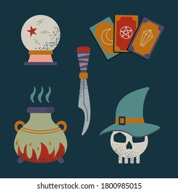 Witch and mystic magic vector set. Witchcraft symbols. Occult and alchemy elements. Esoteric collection: skull, tarot cards, cauldron with potion, crystal.