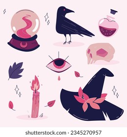 Witch mystical attributes, witchcraft elements.Flat vector stock illustration for printing. Skull, bowler hat, eye, fortune-telling glass shawl, witch hat, poison in a heart-shaped bottle