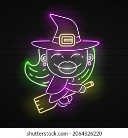 Witch neon sign. Luminous signboard with sorceress. Night bright advertisement. Vector illustration in neon style for Halloween, fantasy, witchcraft