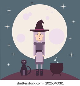 Witch in the night with cat and cauldron on the full moon background