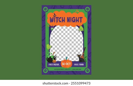 Witch Night Flyer. Perfect for Halloween invitations, event promotion or party decorations. Vector illustration.