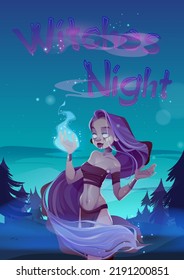 Witch night poster with spooky wizard girl hold magic blue fire in hand. Vector Halloween banner with cartoon scary illustration of sorceress character in forest at night