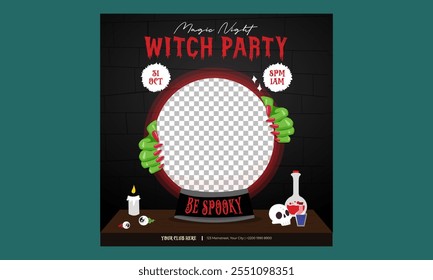 "Witch Night Socials Media" . Perfeito para convites de Halloween, promoção de eventos ou decorações de festa. Ilustração vetorial.