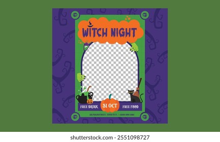 "Witch Night Socials Media" . Perfeito para convites de Halloween, promoção de eventos ou decorações de festa. Ilustração vetorial.