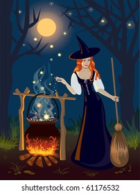 Witch at night in wood
