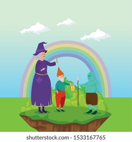 witch with ogre and dwarf in scene fairytale vector illustration design