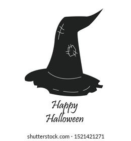 Witch old hat flat vector illustration. Wizard, sorcerer cap isolated clipart. Happy Halloween typography. Fantasy wizard black headwear and ribbon on white. Decoration, sticker 
