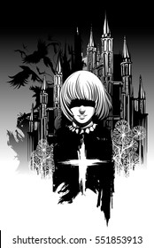 witch on a background of a flying angel and flocks of crows