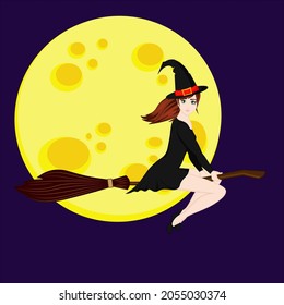 A witch on the background of the moon flying on a broomstick