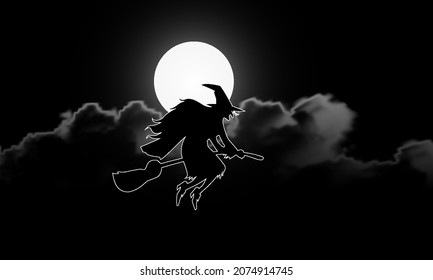 Witch on the background of the moon for halloween or Buona Befana, vector art illustration.