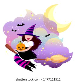 A witch on a background of night clouds with a pumpkin flies on a broomstick. Greeting card for Halloween.