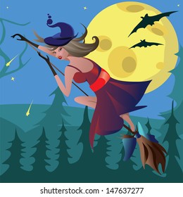 witch on a broom against the moon
