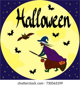 witch on a broom in the background of the moon on halloween
