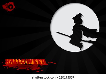 Witch on broom on a black background and the inscription halloween