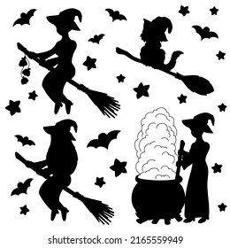 Witch on a broom, black cat. Black silhouette. Design element. Vector illustration isolated on white background. Template for books, stickers, posters, cards, clothes. Halloween theme.