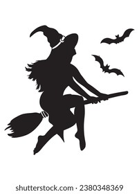 Witch on a broom, Witch on a Broomstick, Halloween Witch, Witchy Silhouette, Spooky Broomstick Design,