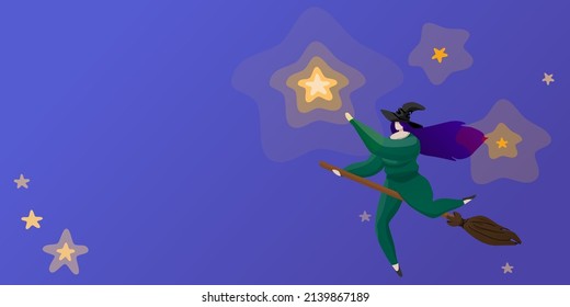 A witch on the broom catches a bright start. Halloween banner design template with space for text. Faceless flat style vector illustration.