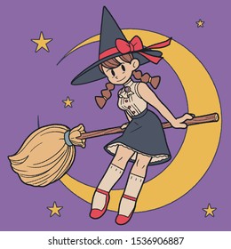Witch on broom , Colored art, Vector illustration.