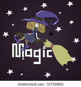 Witch on a broom in dark sky