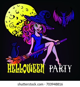 A witch on a broom, an evil tree, cat,bat and a full moon. Halloween party set