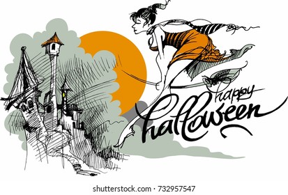 the witch on a broom flies to the collapsed castle on a cabbage. halloween