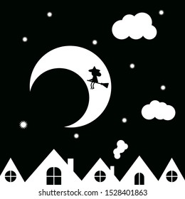 Witch on broom flies night. Happy Halloween. Vector Illustration