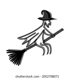 witch on broom fly sketch icon black and white line in halloween holiday