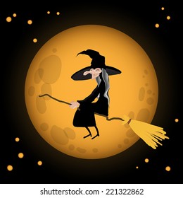 witch on the broom flying over the night sky