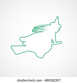 Witch On Broom Halloween Concept Green Line Icon On White Background