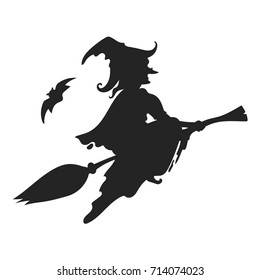 Witch on broom halloween woman illustration. Vector witch, bat, black scary, spooky silhouette.