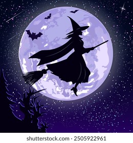 Witch on a broom on Halloween.Illustration of a witch flying on a broom against the backdrop of a bright moon.