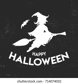 Witch on broom. Happy halloween woman illustration. Vector witch, bat, black scary, spooky silhouette.