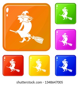 Witch on broom icons set collection vector 6 color isolated on white background